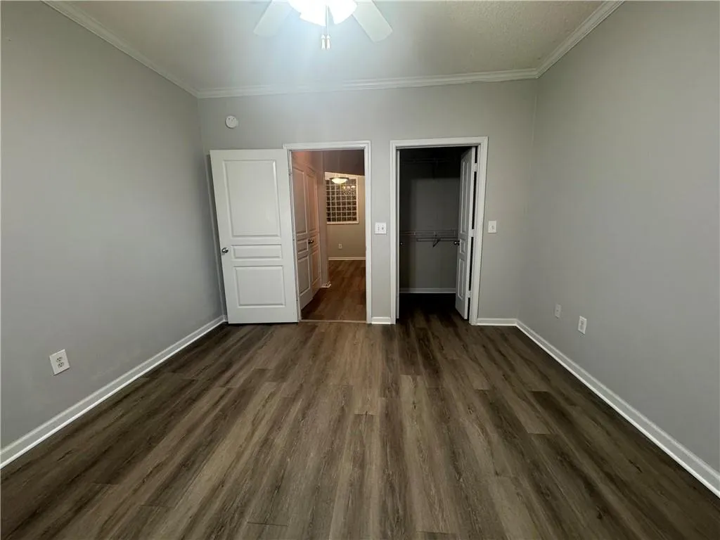 Unfurnished bedroom featuring crown molding, dark wood-style flooring, a walk in closet, and a ceiling fan