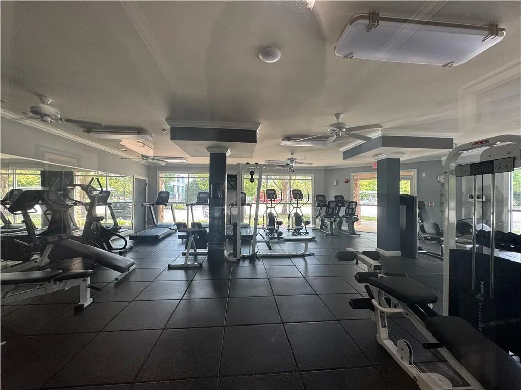 Workout area with ceiling fan