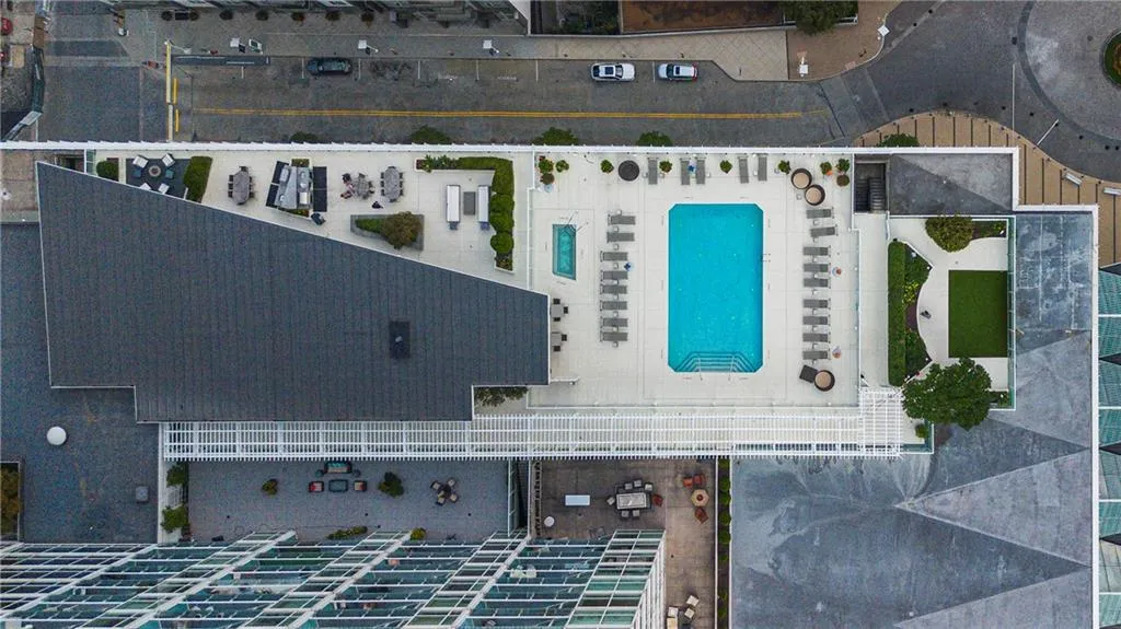 Drone / aerial view of a pool area