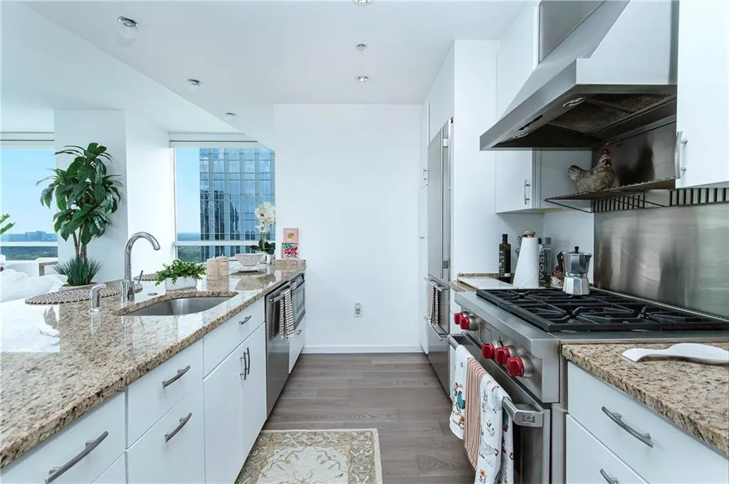 Kitchen featuring white cabinetry, premium appliances, under cabinet range hood, dark wood-style floors, and light stone countertops