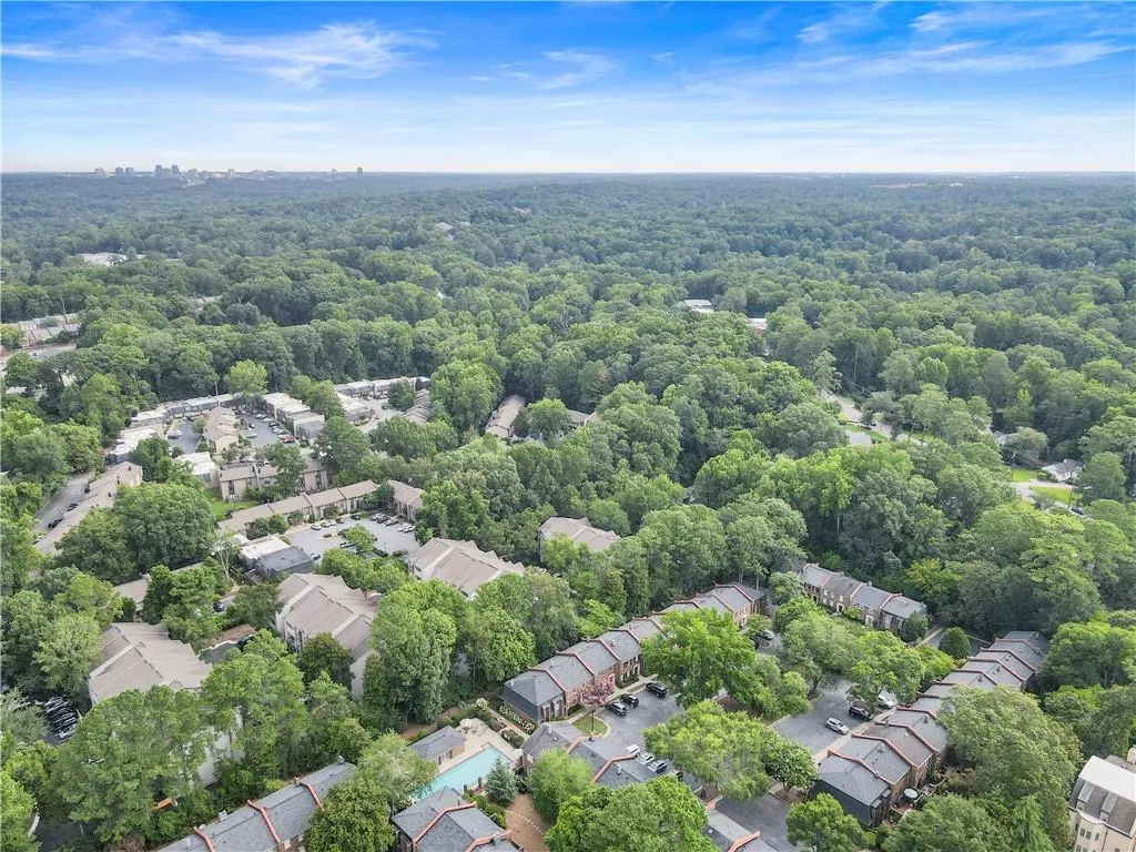 Aerial perspective of suburban area featuring a forest