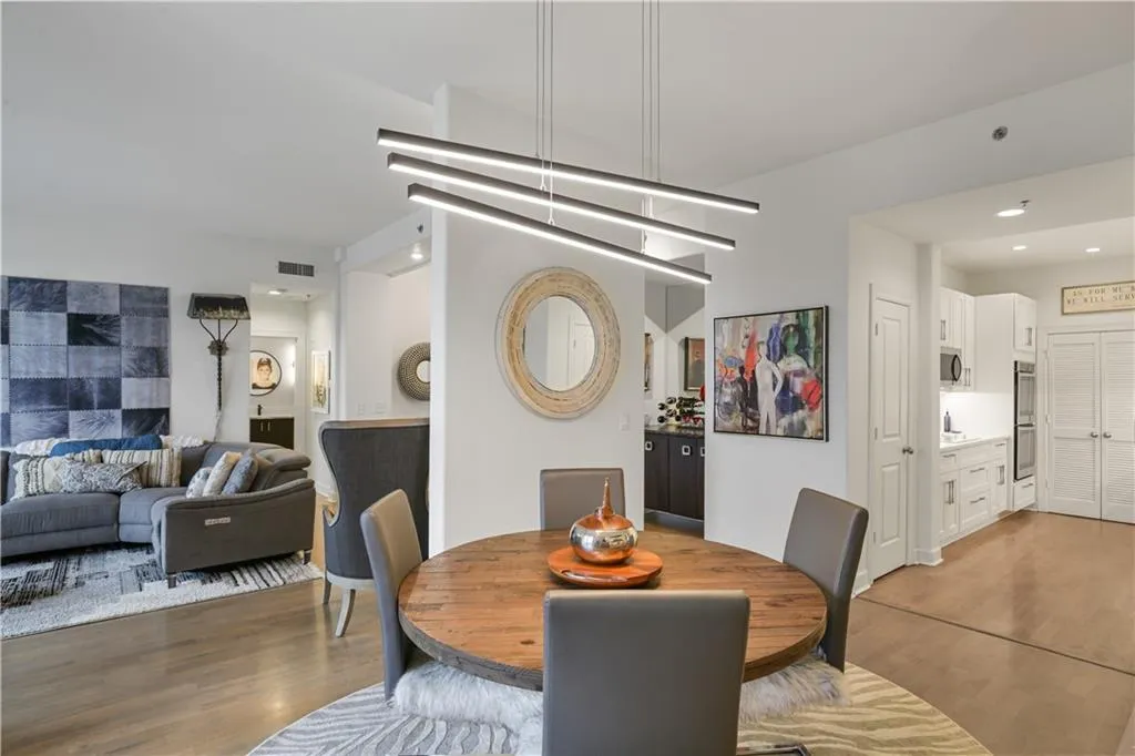 Dining space with light wood-type flooring