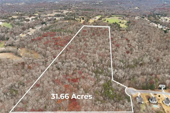 Aerial outline and view is of two parcels. A 30+/- acre parcel and a 1.23 residential lot parcel.