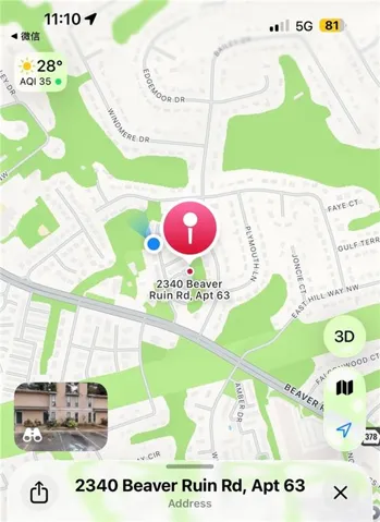Geographical Information System (GIS) Map. Displaying the location of the property at 2340 Beaver Ruin Rd, Apt 63, within a local street network and showing nearby green spaces