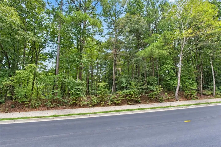 Roadside property featuring mature trees and a paved sidewalk