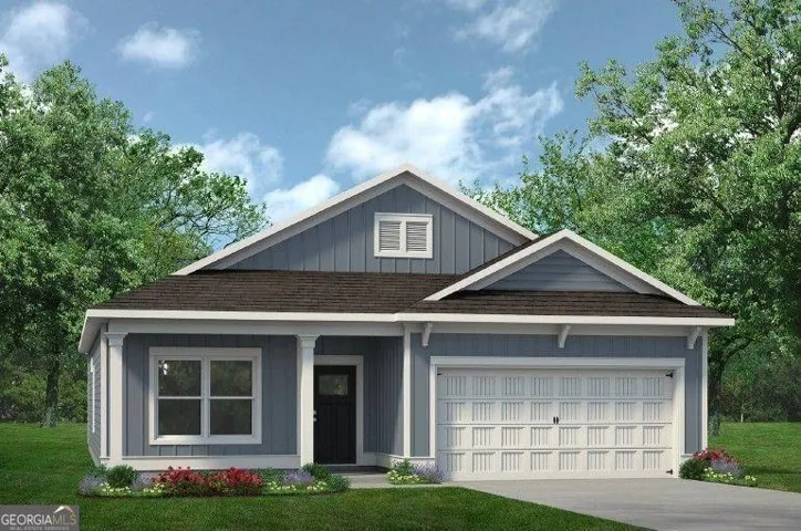 Light blue siding exterior with white trim and dark brown shingle roofing