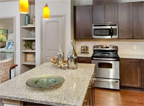 Kitchen with a center island, appliances with stainless steel finishes, light stone countertops, dark hardwood / wood-style flooring, and dark brown cabinetry