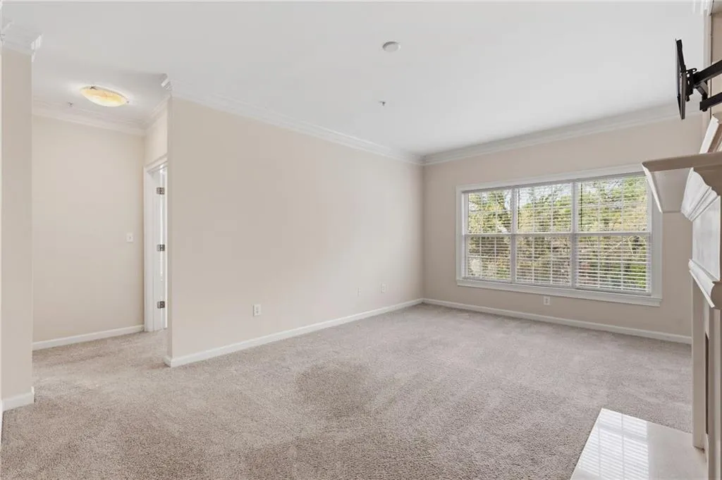 Spare room with ornamental molding and light carpet