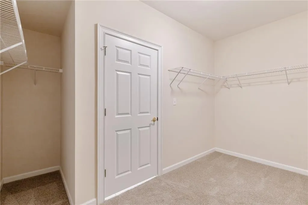 Walk in closet with light colored carpet
