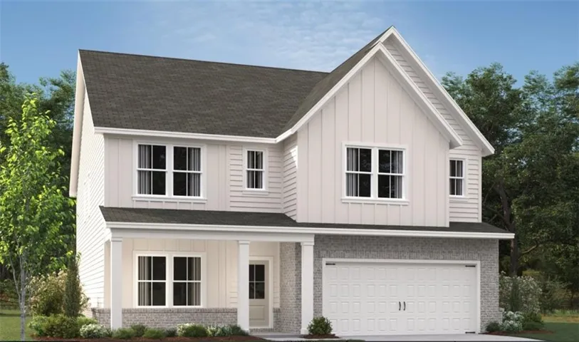 Two-story residence featuring a covered front porch, a two-car garage, and a combination of horizontal siding, vertical siding, and brick-finish cladding