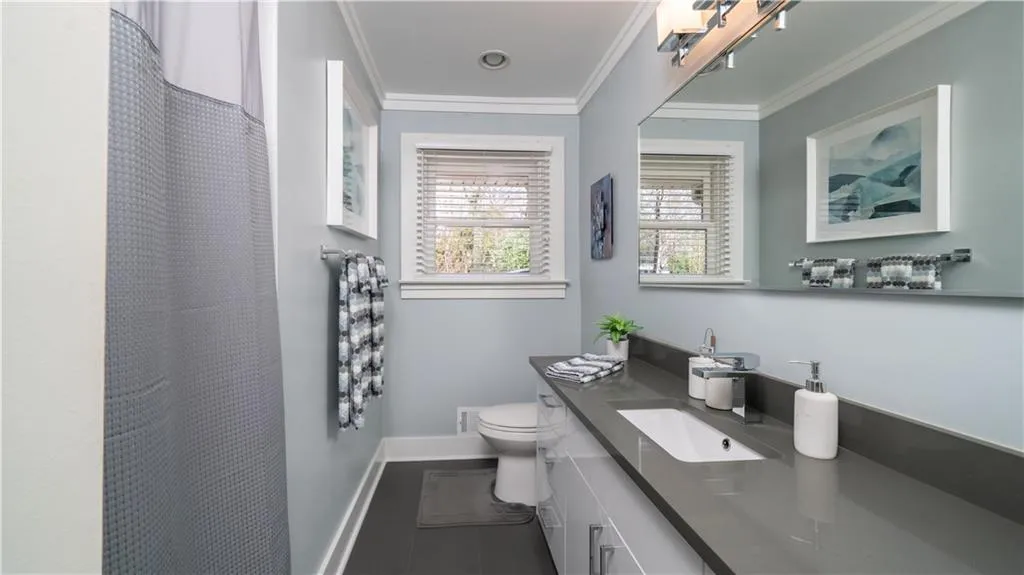 Bathroom with vanity with extensive cabinet space, ornamental molding, and toilet