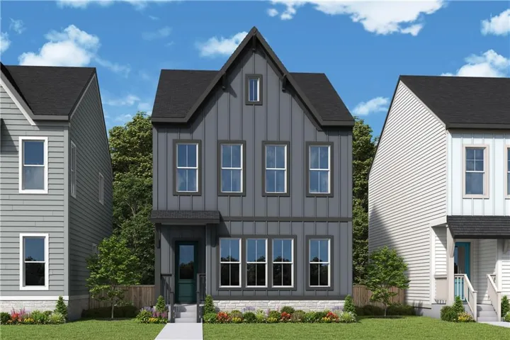 Contemporary exterior with dark siding, a prominent gabled roofline, multiple windows, a covered entry, and a manicured lawn