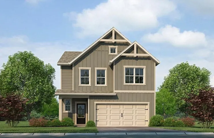 Craftsman-style exterior featuring vertical siding, board and batten accents, a prominent front gable, an attached garage, and a covered entry