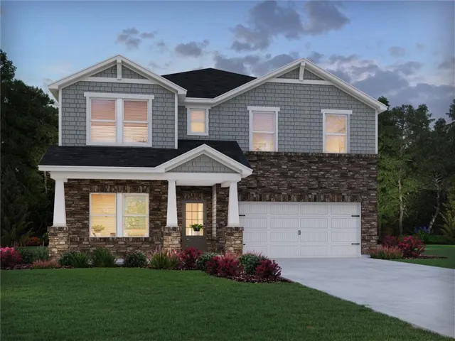 Stone and siding exterior with gabled roof lines