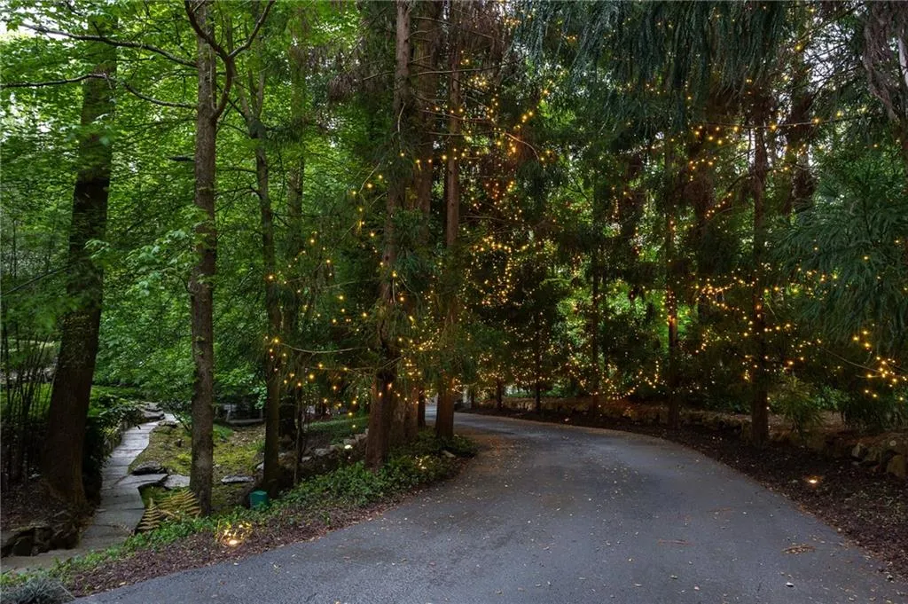 Winding driveway with stone path to the left that leads to the creek