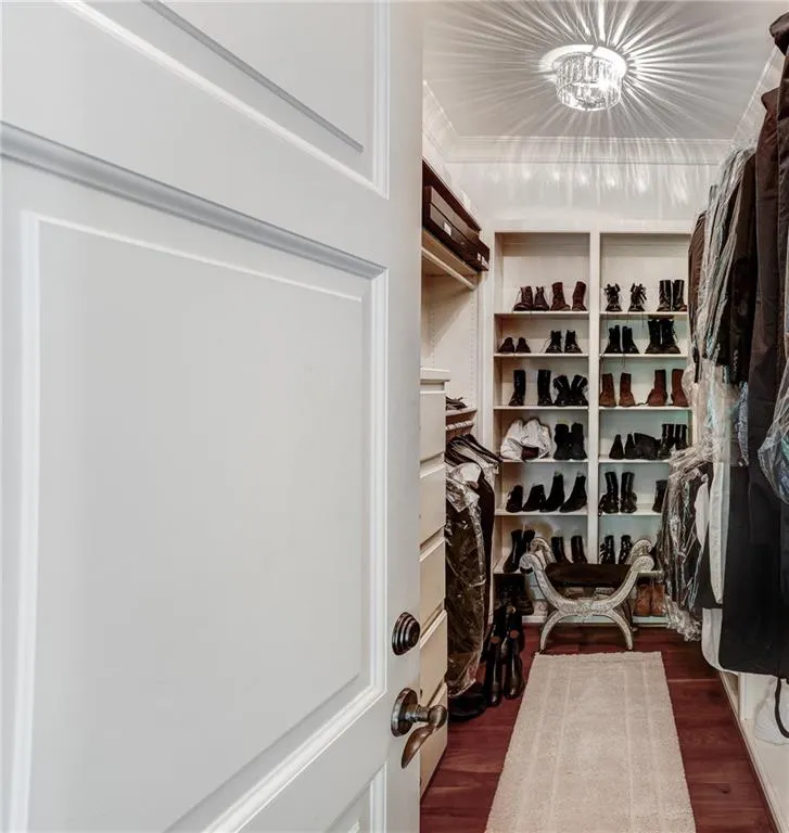 Two spacious primary closets featuring dark hardwood / wood-style flooring