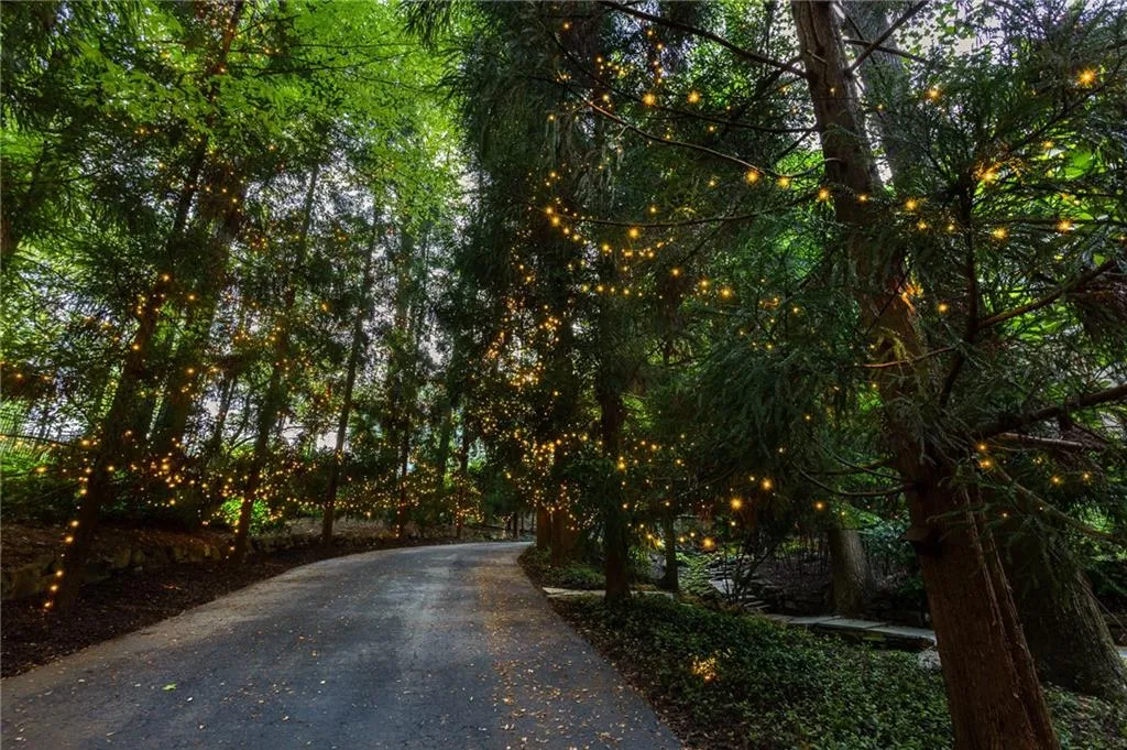 Long private meandering driveway at dusk