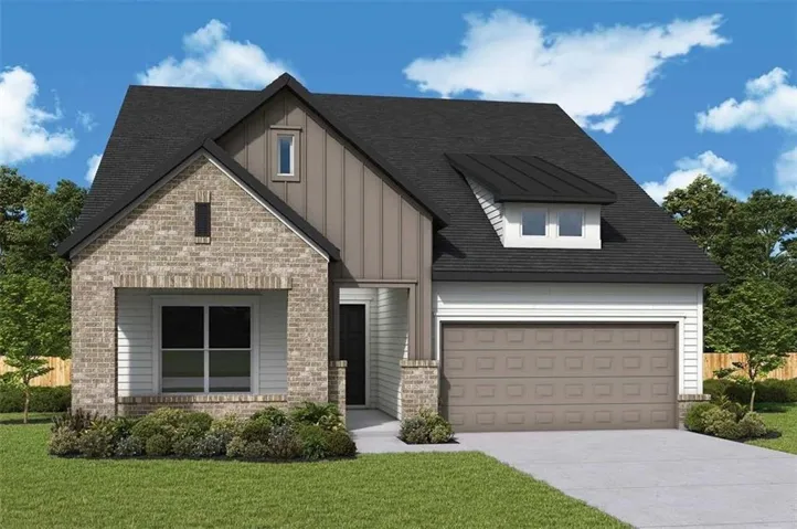 Contemporary facade featuring brick and vertical siding accents, a dark shingle roof, an integrated garage, and a dormer window with a metal roof detail