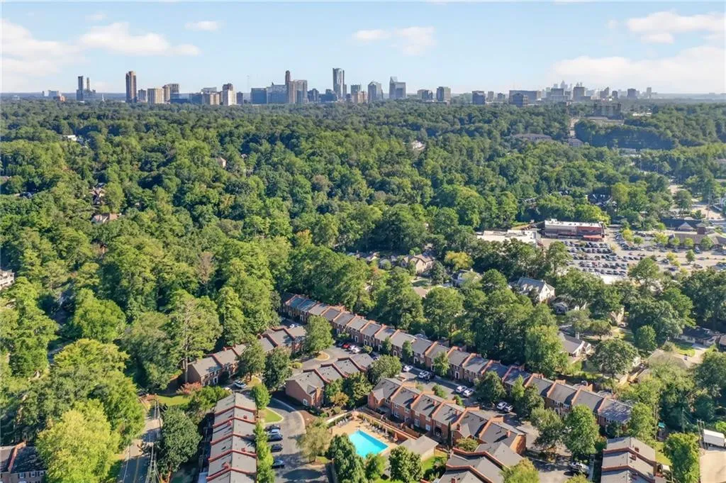 Aerial panorama featuring a dense tree canopy, a distant city skyline, and residential properties with pitched roofs