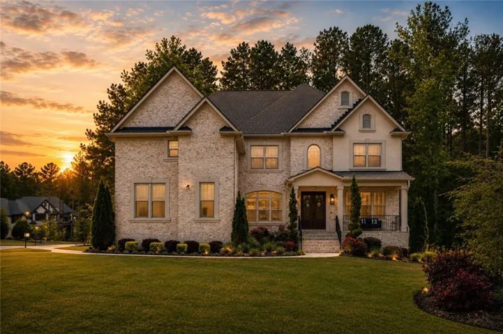 Brick and stucco exterior, gabled roofline, covered front porch, arched window details, and mature landscaping