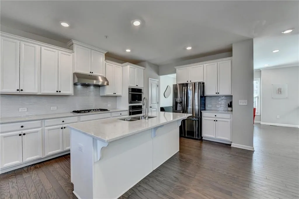 Kitchen with appliances with stainless steel finishes, dark wood-style flooring, a sink, and under cabinet range hood
