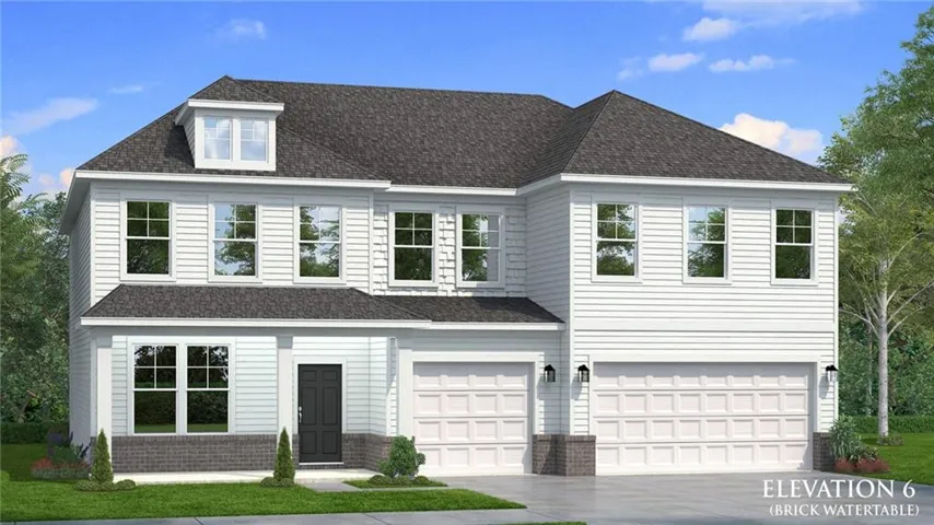 Two-story exterior with white siding, dark shingled roof, and a prominent dormer window