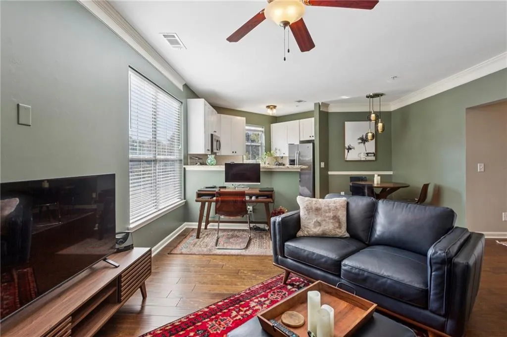 Corner unit also allows for open floor plan and separate eating space
