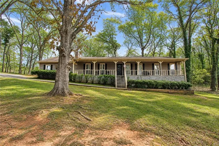 Expansive front yard featuring a manicured lawn, established trees, and a long driveway