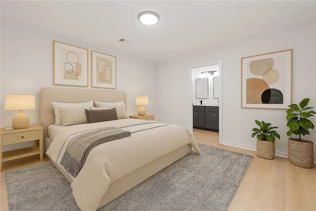 Laundry room and view of the kitchen. Virtual staging.