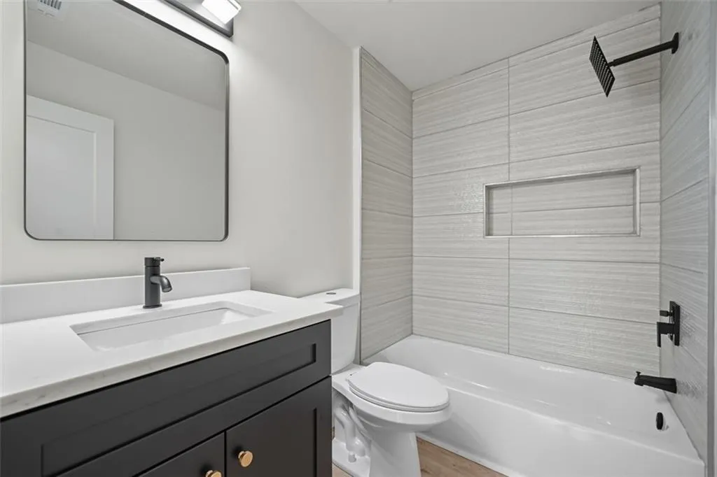 Bedroom with light wood-type flooring. Virtual staging