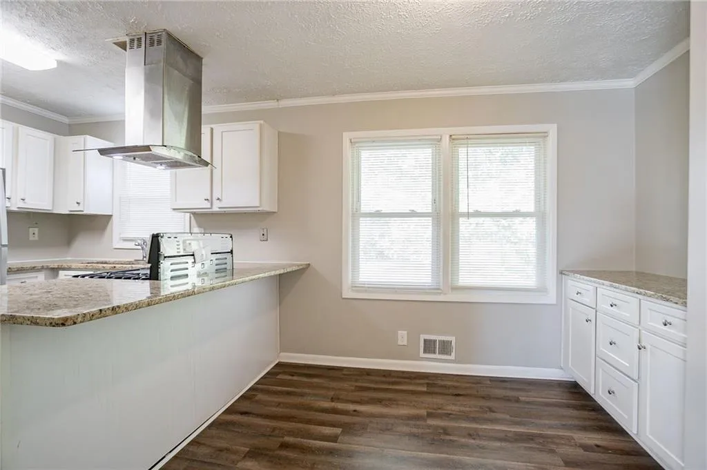 Kitchen with visible vents, dark finished floors, ornamental molding, stove, and island range hood