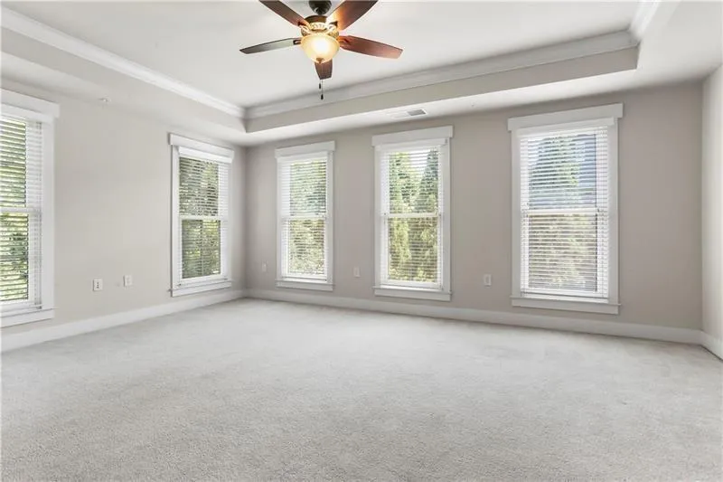 Spare room featuring crown molding, a raised ceiling, plenty of natural light, baseboards, and light colored carpet