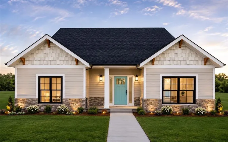Single-story residence featuring light siding, stone accents, and a dark shingle roof
