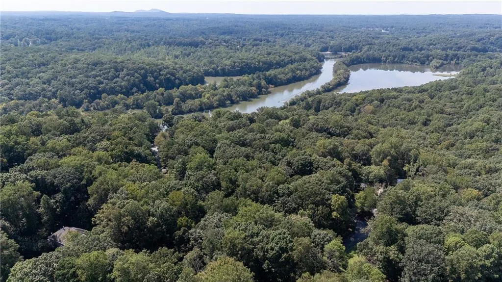 Bird's eye view of a heavily wooded area and a nearby body of water