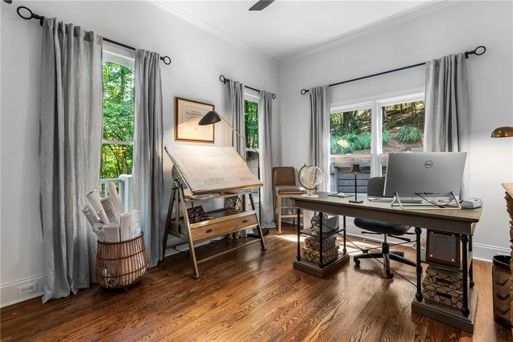 Bedroom/Home office featuring a closet, ceiling fan and access to the main bathroom Bedroom/Home office featuring a closet, ceiling fan and access to the main bathroom