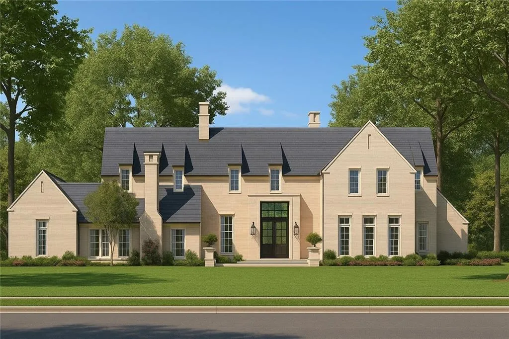 View of front of property featuring a front yard and a chimney
