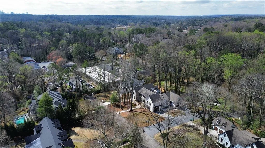 Aerial view of residential area with a heavily wooded area