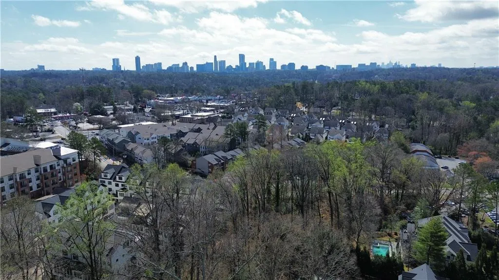 Aerial perspective of suburban area featuring skyline