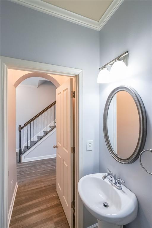 Bathroom with sink, hardwood / wood-style flooring, and crown molding