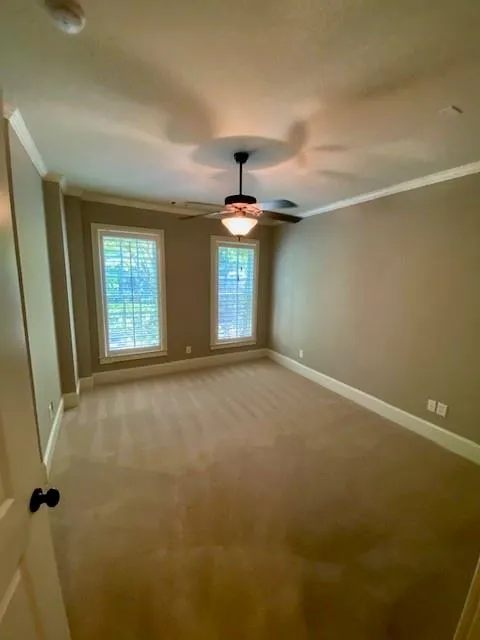 Carpeted spare room featuring ornamental molding, a textured ceiling, and ceiling fan