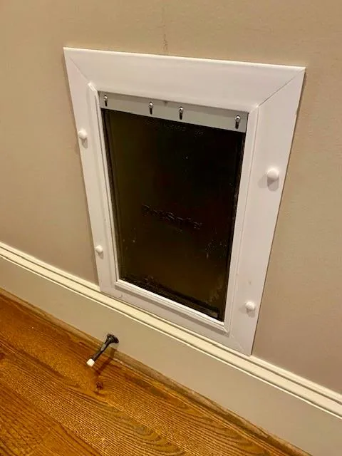 Pet door to a small closet for an available litter box.
