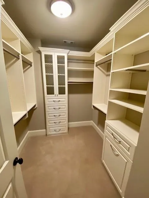 Walk in closet with light carpet