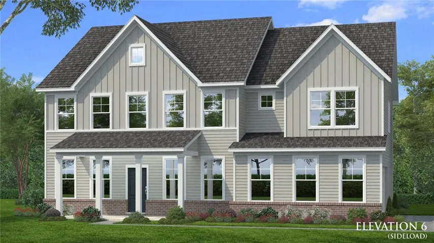 Two-story residence featuring a covered front porch, a combination of board and batten siding with horizontal siding, a dark shingle roof, and a partial brick facade