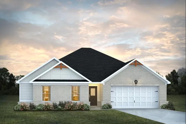 Contemporary brick and siding exterior with a dark shingle roof, attached two-car garage, and a concrete driveway