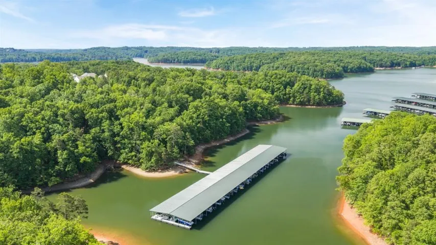 Expansive waterfront property featuring a private covered dock with multiple slips, surrounded by mature trees and additional community docks
