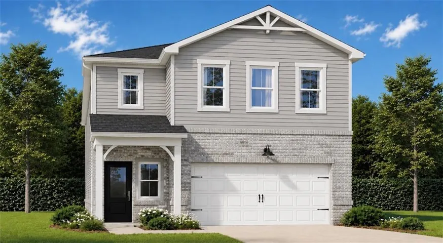 Two-story residence featuring light gray siding, a prominent gable, and a covered entry porch