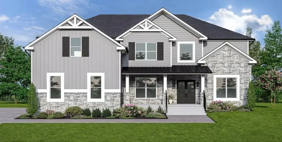 Two-story exterior featuring a stone and siding facade, black architectural shingle roof, covered entry with dual columns, and black double entry doors