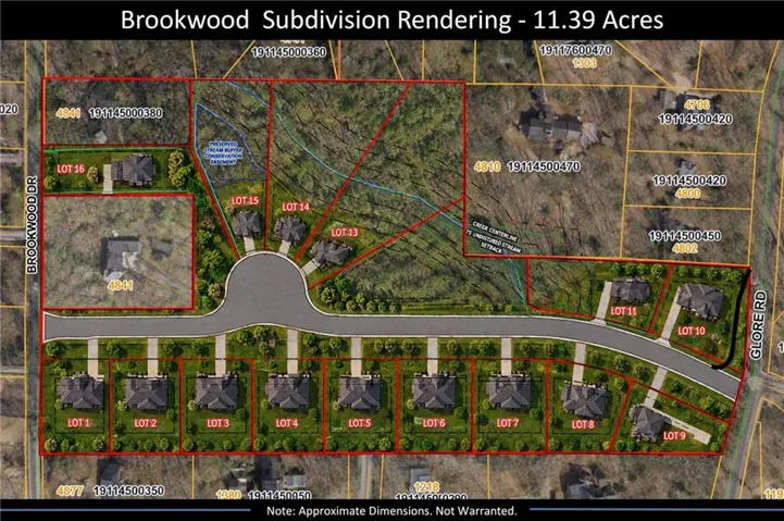 Subdivision Rendering. Illustrating the property layout and lot assignments for the Brookwood Subdivision, totaling 11.39 acres