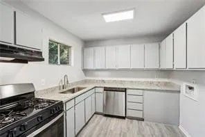 Kitchen featuring stainless steel appliances, a sink, light wood finished floors, light countertops, and under cabinet range hood
