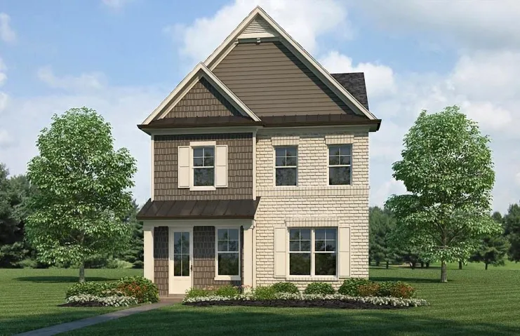 Brick and shake-shingle facade with gabled roofline
